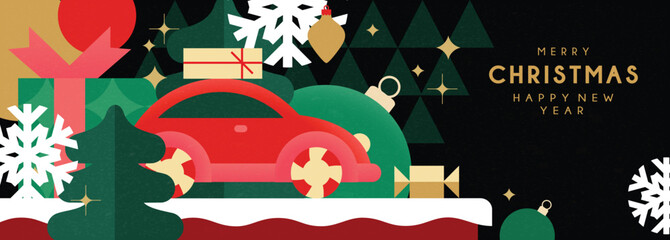 Christmas banner in contemporary flat minimalist style with red toy car and gifts. Design for Holiday greeting card. Vector illustration
