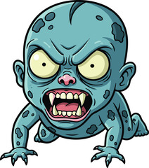 Creepy monster baby crawling, scary horror creature with sharp claws and fangs, terrifying cartoon design, vector illustration, cad drawing flat vector illustration
