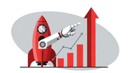 Futuristic Robot Arm Guides Rocket Launch Towards Business Growth Chart.