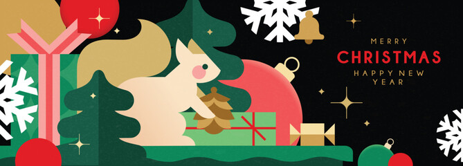 Christmas banner in contemporary flat minimalist style with cute squirrel holding pine cone. Design for Holiday banner, advent calendar or greeting card.
