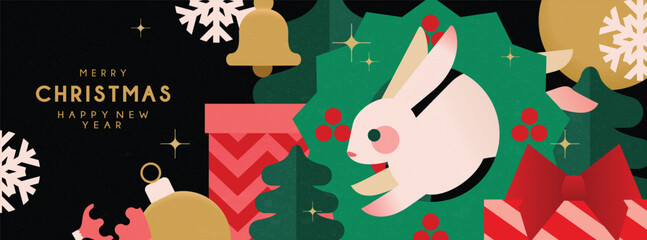 Christmas banner in contemporary flat minimalist style with cute bunny jumping through the wreath. Design for Holiday banner, advent calendar or greeting card. 