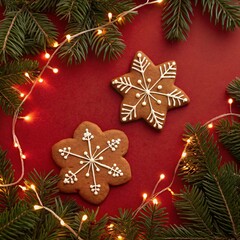 Festive Christmas Holiday Background with Gingerbread Cookies and Twinkling Lights Surrounded by Green Pine Branches