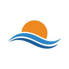Fototapeta premium Stylized sun and ocean waves graphic, summer travel concept design. Vector