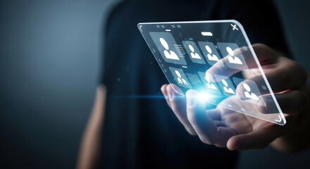 Futuristic Transparent Phone Displays User Profiles.