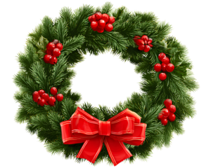 Festive fir wreath evergreen foliage berry bow adornment winter season celebration decoration holiday invitation greeting card december