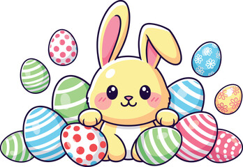 Cute yellow Easter bunny with colorful decorated eggs, festive spring holiday celebration, cheerful cartoon character, joyful seasonal design, cad drawing flat vector illustration