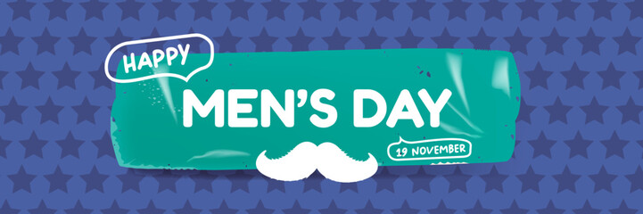 Fototapeta na wymiar International Men's Day blue wide banner with mustache on blue abstract background. Happy mens day wide poster, banner and sticker. WORLD MALE DAY