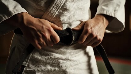 Close-up martial artist hands tying black belt on white Gi training preparation - Powered by Adobe