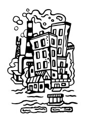 
Collage of urban infrastructure. Black and white detailed vector illustration on a white isolated background