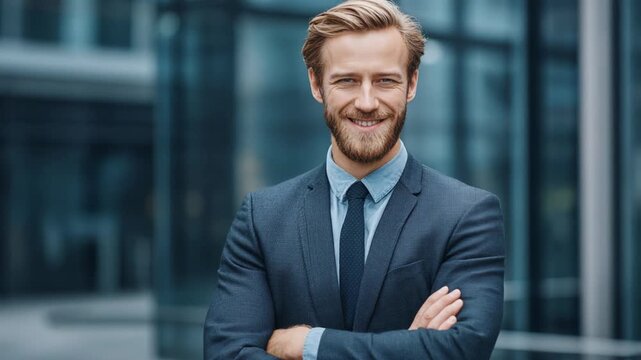 Confident businessman smiling in a modern office setting, showcasing professionalism and approachability