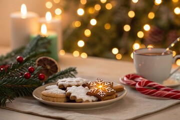 Warm festive holiday season scene with decorated Christmas cookies and hot beverage by candlelight and glowing tree lights