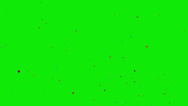 Realistic colorful confetti falling animation in chroma key green screen background 4K , Vibrant party streamers and paper flakes blast for birthday, wedding, New Year, and festive celebration videos.