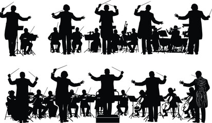 Flat vector silhouette of orchestra with conductor leading musicians in classical performance, showcasing ensemble coordination and musical expression © MD