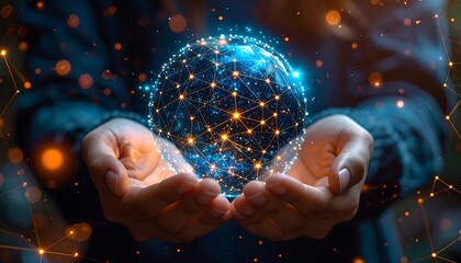 Glowing digital sphere held in hands, with a bokeh background, emphasizing connection and technological innovation