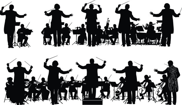 Flat vector silhouette of orchestra with conductor leading musicians in classical performance, showcasing ensemble coordination and musical expression