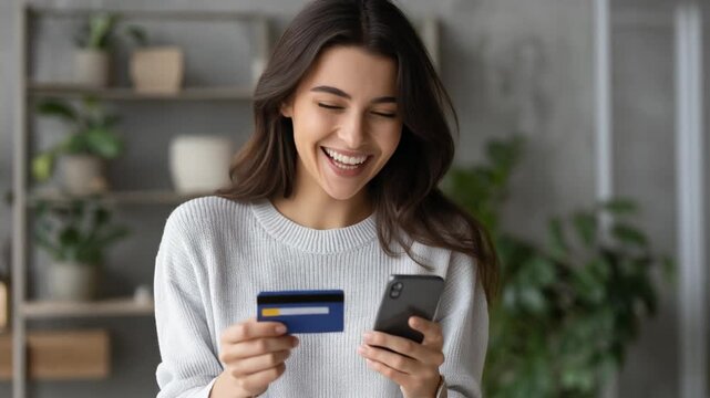 Excited young woman shopping online with credit card and smartphone in cozy home environment