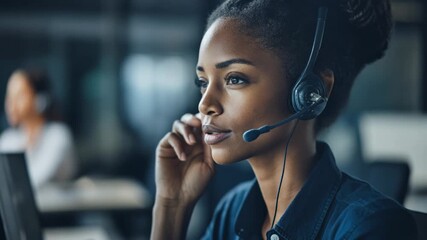 Focused young woman with headset engaged in customer service at call center, professional communication - Powered by Adobe
