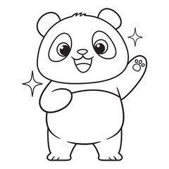 Cheerful Panda Waving Hand Vector Outline Illustration