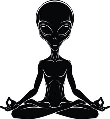 Black silhouette of an alien in a meditative yoga pose with hands in mudra on a white background