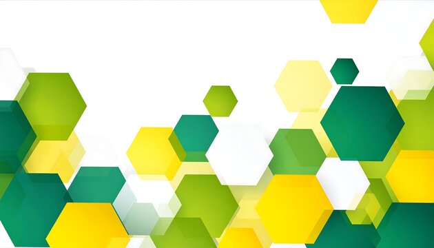 Green and yellow hexagons float on a white background, creating a modern, dynamic, abstract design