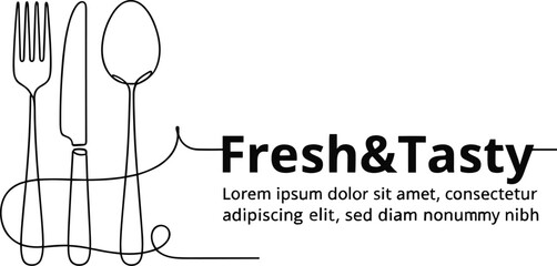 Elegant continuous line art illustration of a fork, knife, and spoon, perfect for restaurant, food, dining, and catering concepts.