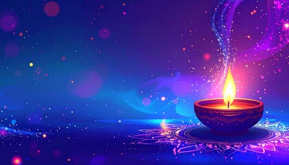 Glowing diya illuminates a vibrant, swirling cosmos on a detailed, circular base
