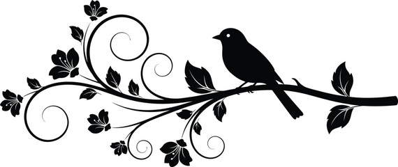Black silhouette of a small bird perched on a flowering branch with swirling vines and leaves