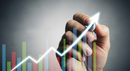Hand Drawing Upward Trend Arrow Over Bar Chart.