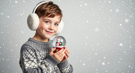 Cute smiling boy in a winter sweater and earmuffs holding a Christmas snow globe. Happy child on a snowy background for the holiday season with copy space