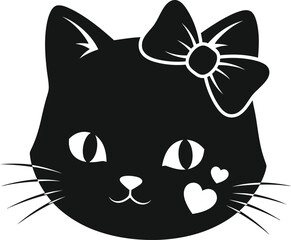 Cute black cat face silhouette with a white bow and hearts on a clean white background
