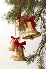 Traditional Golden Christmas Bells with Red Ribbons Hanging from a Pine Tree Branch a Festive Holiday Decoration
