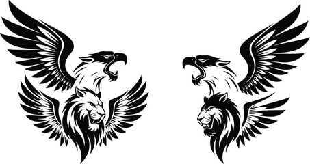 Eagle lion hybrid mythical creature, heraldic fantasy symbol vector, symmetrical griffin style design, bold emblem artwork, cad drawing flat vector illustration © crazycollection