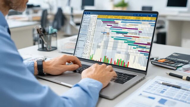 Businessman managing project schedule on laptop using gantt chart planning timeline in modern office workspace