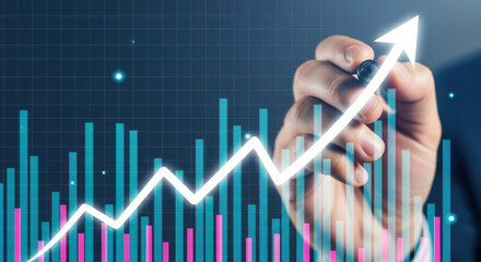Hand Drawing Upward Trend Line on Financial Stock Market Chart.