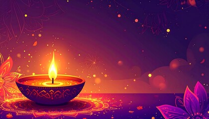 Glowing diya sits on a reflective surface against a floral backdrop with bokeh lights, creating a festive atmosphere