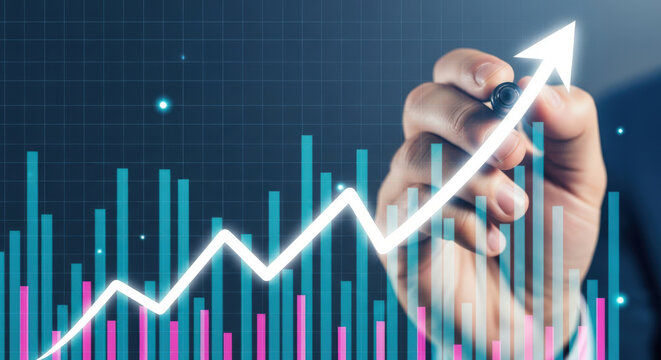 Hand Drawing Upward Trend Line on Financial Stock Market Chart.