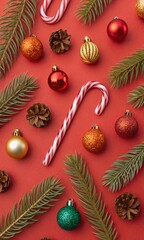 Festive Christmas Decorations Arrangement with Pine Needles Baubles and Candy Canes on a Red Background