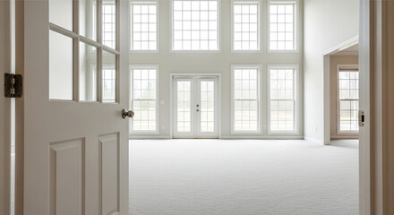 Open door into a bright empty living room spacious and modern interior with large windows real estate conce