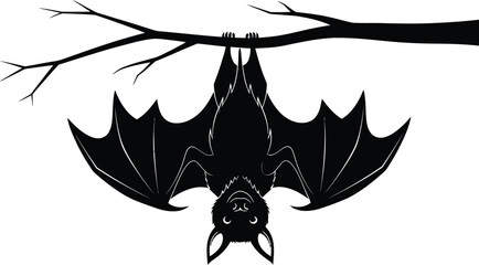 Cute cartoon bat hanging upside down from a tree branch with wings spread wide on white background
