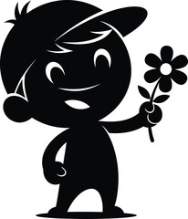 Cute cartoon boy wearing a baseball cap holding a single flower with a happy expression