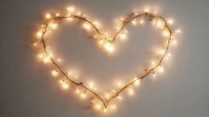 Glowing heart made of warm fairy lights on neutral wall creating romantic bright atmosphere for love theme