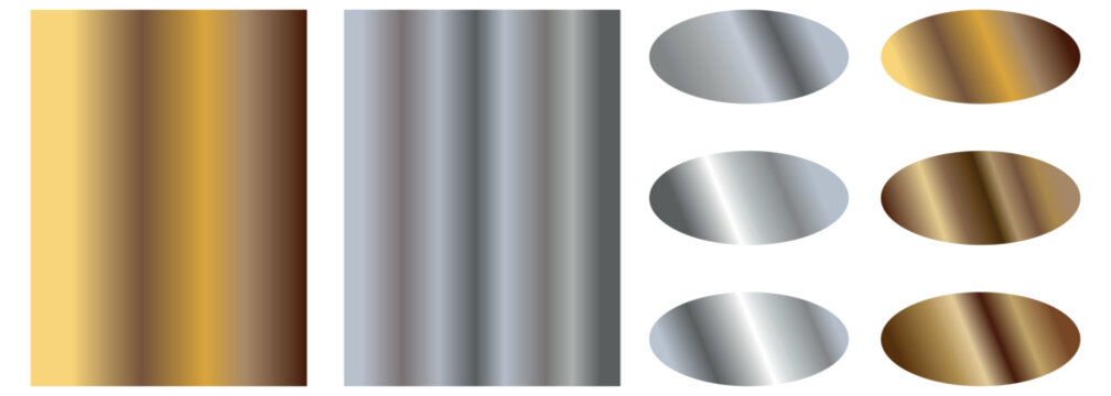 Collection of shiny metallic gold and silver. Beautiful Gold And Silver Gradient Background. Silver gradient and gold gradient. Golden and silver gradient palette. 