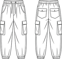 Cargo pants, elastic waistband, front back view, fashion flat sketch, technical drawing, apparel design, vector illustration, garment CAD
