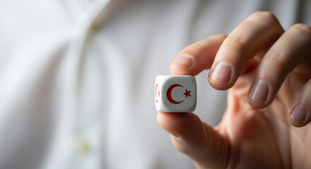 Hand Holding Small Cube with Turkish Flag Symbol.