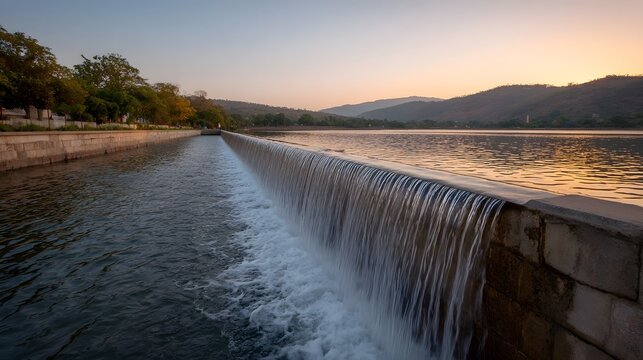 A scenic waterfall cascades over a dam during a tranquil golden hour sunset with mountains in the background