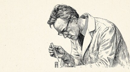 Scientist engraving sketch focused on laboratory experiment with vintage detailed illustration style