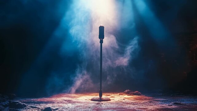 Vintage microphone on a smoky stage under a dramatic spotlight. Performance, voice, anticipation. Cinematic mood, the moment before the show. Ideal for comedy, music events, podcasts. - Powered by Adobe