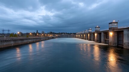 Fototapeta premium Twilight illumination on a large concrete dam with water cascading over the spillway and control towers