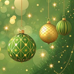 Festive Green Christmas Tree Ornaments with Golden Sparkles and Soft Bokeh Lights Celebrating the Holiday Season