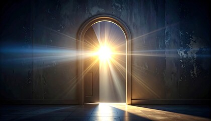 Glowing doorway shows brightness. Dim room is lit by sunshine leaking in through the opening